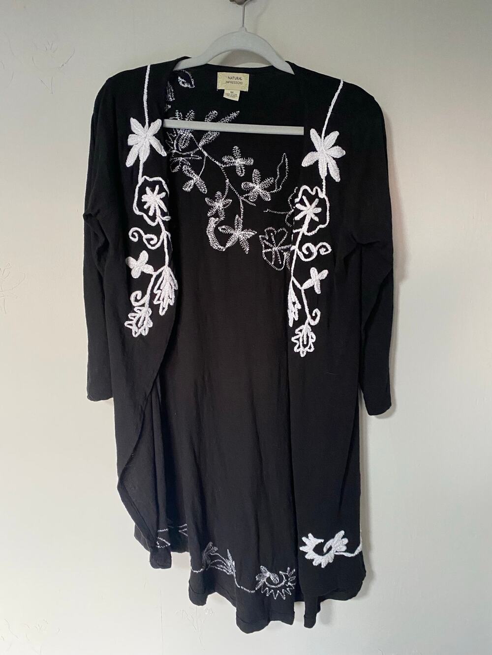 Natural Impressions Women's Size M Black Embroidered Open Front Cotton Cardigan